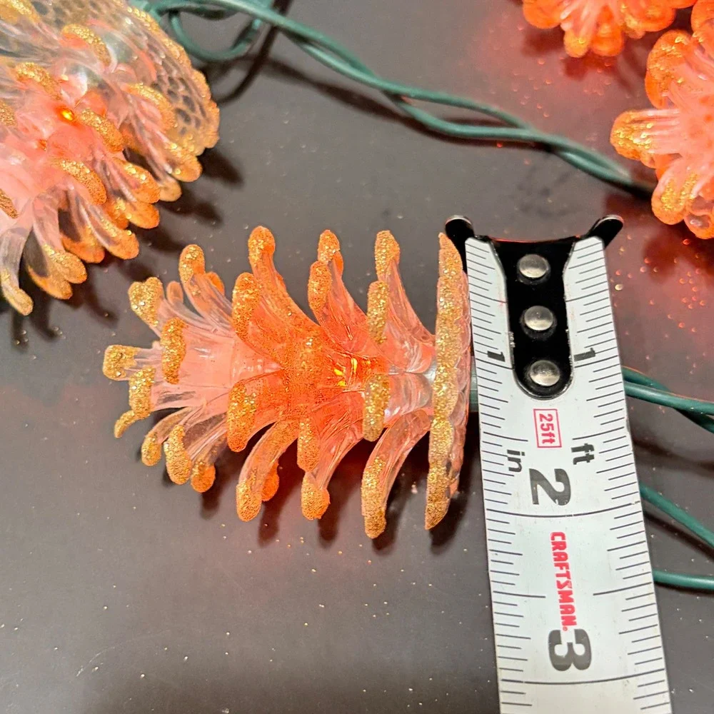 9' Vtg Style Glitter Pinecone String Lights 10 Count Gold Amber Glow Green Wire